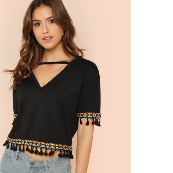 SHEIN Embroidered Tape & Tassel Trim T-shirt - Picture 2 of 7